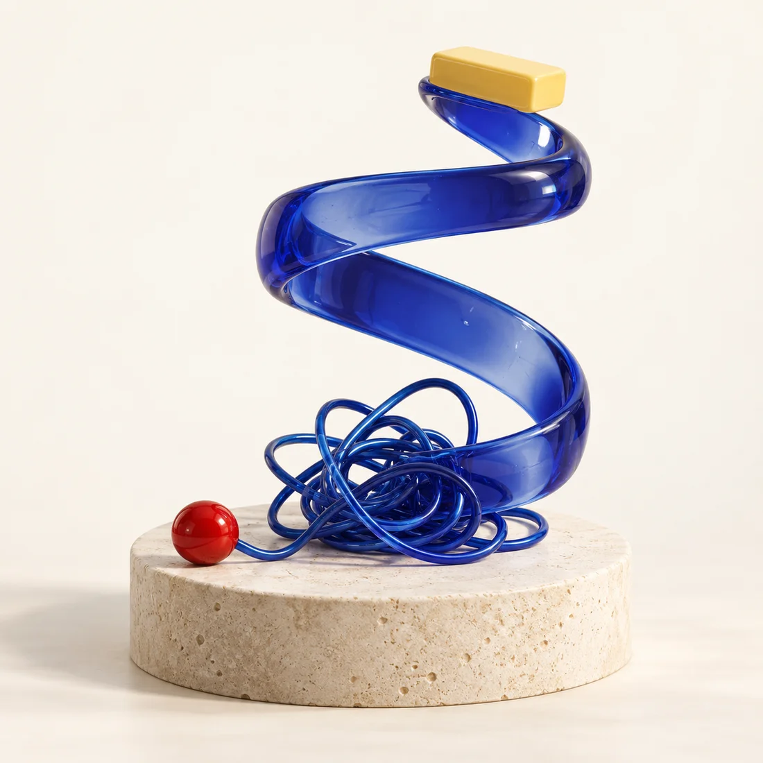 A tangled cobalt ribbon becoming a small staircase